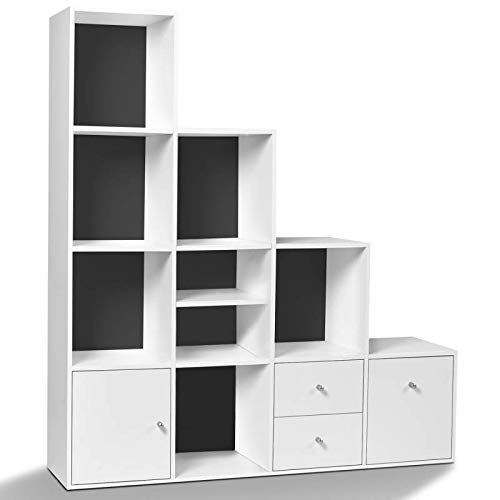 IDMarket - Meuble de rangement escalier 4 niveaux bois blanc fond gris avec porte et tiroirs