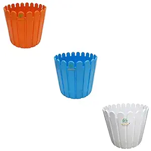 SKYCAP VIP Fence Plastic Flower Pot for Home Decor Indoor/Outdoor,Plant Container,gamla (12inch,White-Blue-Orange,Pack of 3)