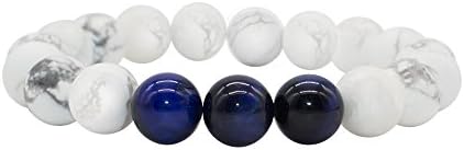 Bivei Mens Womens Natural Real White Howlite Gemstone Beads Elastic Bracelets W/3 Tiger Eye Stones - Stress Relief, Calm, Yoga Meditation, Crystal Healing (Blue Tiger Eye)