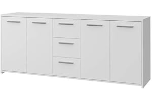 ‎FORTE Forte PILVI Sideboard 180, Großes Sideboard mit 4 Türen und 3 Schubladen, Holzwerkstoff, Weiß, 179 cm breit, 74.1 cm hoch, 42 cm tief