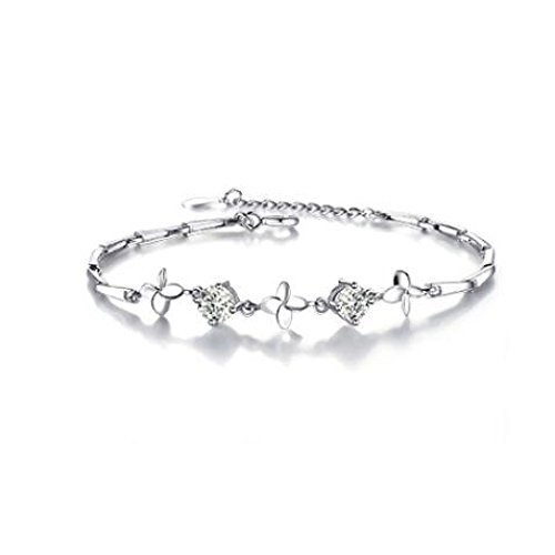 Woman Clover 925 Sterling Silver Adjustable Crystal Bracelet Female Fashion Sparkling Birthday Gift,A-OneSize