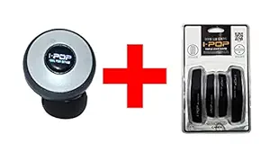 SELLCOM I-pop Combo: Universal Steering Wheel Spinner Knob + Car Door Edge Scratch Guard| Door Guard Bumper Protector| 360 Rotation (White-Black knob, Black door guard)