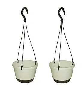 Hanging Pot/Planter for Balcony Home Garden with Suitable Tray Grey Color - Pack of 2 (White)