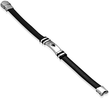 Black Rubber Bracelet with Stainless Steel 2-tone Cut-out Maple/ Marijuana Ganja Leaf Watch-Style