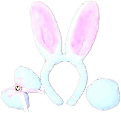 Womens Kids Fancy Dress Costumes Plush Bunny Ears Headband Rabbit Bow Tie Tail Set Mid-length White Pink
