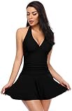 SHEKINI Vintage Col en V Plis Femme Maillot de Bain 1 Pièce avec Jupette Rembourré Maillots Une Pièce Bikini Robe de Plage Backless Réglable Amincissante Abdominal Contrôle (S, Noir)