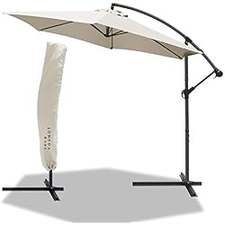 Parasol déporté hexagonale 3M avec Manivelle Anti-Retour | Parasol déporté inclinable | Toile 180 GR/m2 avec Protection UV | Hauteur 2m50 - 6 Baleines en Acier | Inclus Housse de Protection Beige