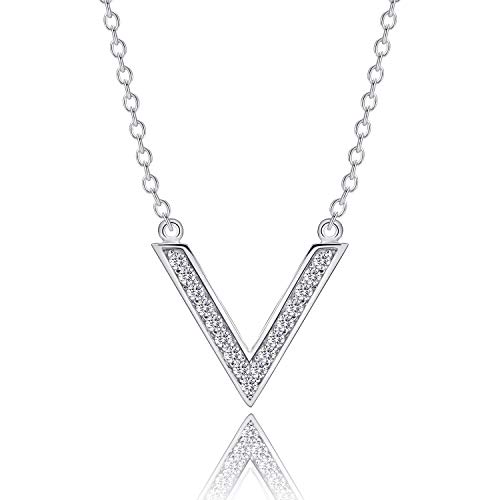 BRIGHTZEN & CO. Silver Women Necklace – 925 Sterling Silver Chain with AAA Cubic Zirconia V-Shaped Choker Necklace – Everyday, Evening and Party Necklaces for Women – Velvet Gift Box
