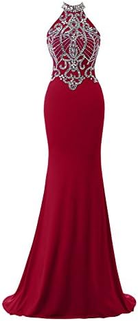 M Bridal Women's Beaded Rhinestones High Neck Long Mermaid Christmas Dress Dark Red US Size 4