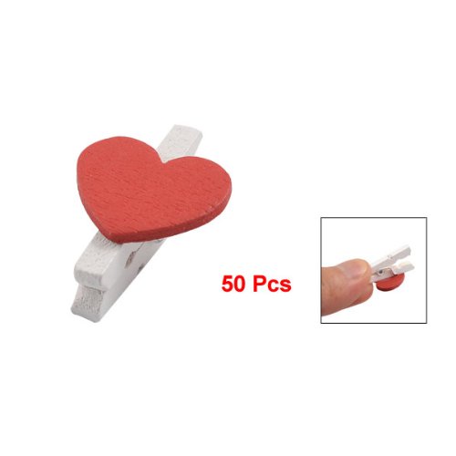 TOOGOO(R) 50Pcs roten Herzen Akzent Weiss Holzwaescheklammern Fruehling Memo Clips - 2