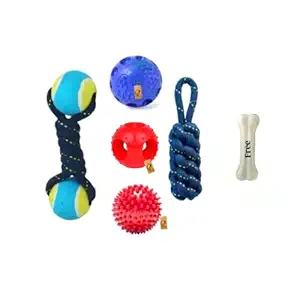 Foodie Puppies Teething Chew Toys Combo Dual Tennis, Corn Stick Rope, Hard Squeeze, Spike & Ball in Ball for Small and Medium Size Dogs (6 in 1 Pack & One Chew 3 inch Bone Free)