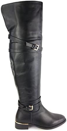 WOMENS RIDING BOOTS FLAT LOW HEEL OVER THE KNEE OR THIGH HIGH FAUX LEATHER MATERIAL (UK 5 / EU 38 / US 7, Black)