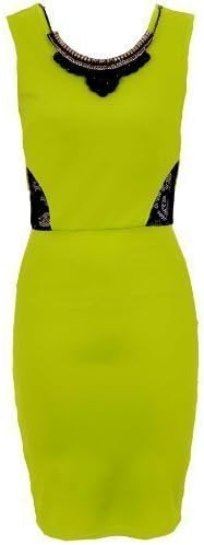 Ladies Sleeveless Diamante Necklace Lace Contrast Women's Bodycon Dress [Lime, UK 10]