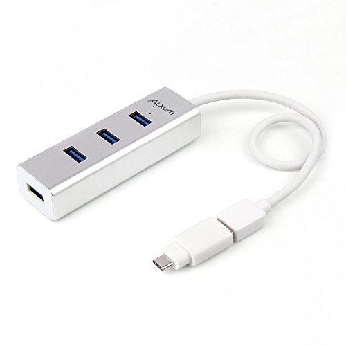 alxum Premium 4 Ports Unibody-Aluminium USB 3.0 Daten Hub mit Typ C Adapter Konverter, 1 ft Kabel Für MacBook, iMac, Macbook Pro Air, Mac mini, Oberfläche Pro Book, Lenovo Yoga und jeden PC (Silber)