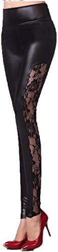 Ms. Europe and The United States Fashion High Waist Lace Stitching High Elastic PU Primer Nine Pants,Black-OneSize