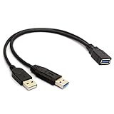 Dos conectores macho USB, uno es para alimentación y datos USB 3.0, otro para alimentación USB 2.0 solamente.