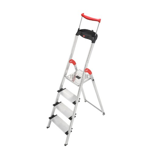 Hailo 8854-001 Alu-Sicherheits-Haushaltsleiter XXR - 4 XXL-Stufen mit Ausziehbarem Sicherheits-Haltebügel und Multifunktionsschale