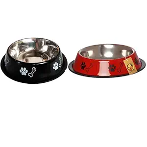 Foodie Puppies Stainless Steel Combo Offer Paw Bone Printed Night Black and Radiant Red Food Water Feeding Bowl for Dogs & Puppies (Medium, 700ml Each)