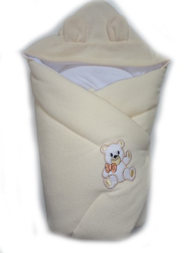 WARM THERMO TERRY NEWBORN Baby Swaddle Wrap Blanket, duvet, Sleeping Bag BABY'S HORN (hooded cream/white)