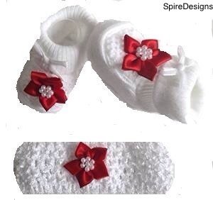 Baby Girls Xmas Red Flower Socks Booties & Crochet Headband- In Gift Bag- 0-3 Months
