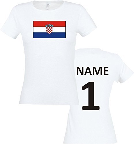 Lady T-Shirt Kroatien Croatia Ländershirt mit Wunschnamen und Nummer, Farbe weiss, Größe M