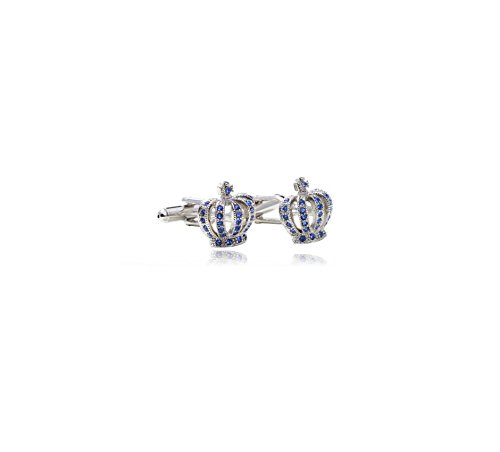 Blue Imperial Crown Design 18K Platinum Plated with Cubic Zircon Elegant Cufflinks for Men (Blue)