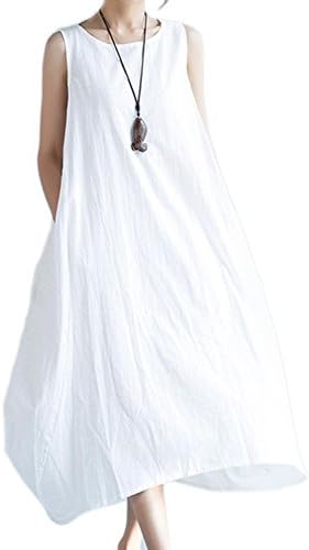 Women's Casual Sleeveless Loose Cotton&Linen Asymmetric Maxi Dress White M
