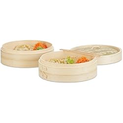 Relaxdays 10022165 Vapeur en Bambou 24 cm, Panier de Cuisson de 3 pièces, cuiseur de Riz Couvercle, Nature, Naturel, 15,5 x 24 x 24 cm