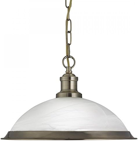 THLC Retro Bistro Style Single Glass Ceiling Pendant Light in Antique Brass with Alabaster Glass