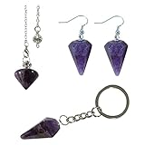Soulnioi Amethyst Gemstone Crystal Pendulum For Dowsing, Amethyst Crystal Pendulum Keychain, Amethyst Crystal Cone Earrings, Spiritual Healing Gifts