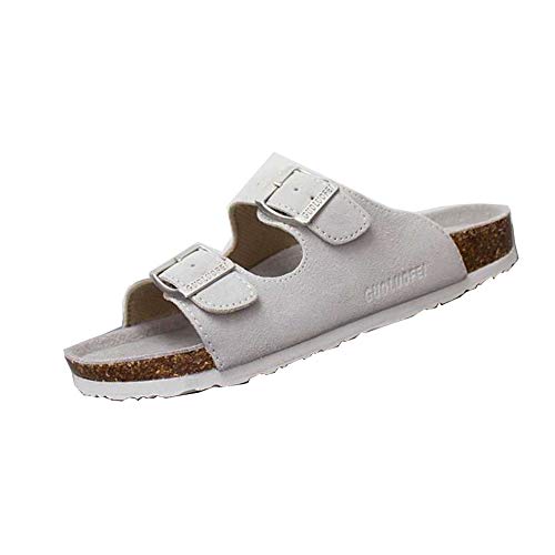 Mujer Sandalias Chanclas Mulas para Zuecos De Corcho Correa Gamuza Ajustable Hebilla Zapatos Planos del Pie Desli(Blanco,35 EU,22CM De talón a dedo del pie,36 Talla del fabricante