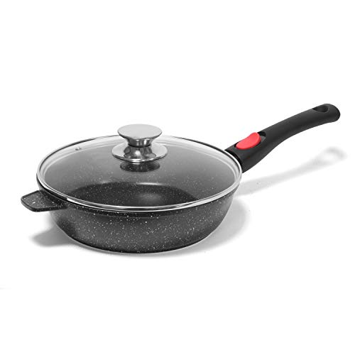 Sauteuse Induction Sauteuse Anti Adhésive Poele avec Couvercle Revêtement Façon Pierre sans PFOA Sauteuse Tous Feux dont Induction Cuisson sans Matière Grasse - Manche Amovible - Top Qualité ! (24 CM)