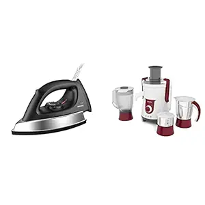 Philips GC181 Heavy Weight 1000-Watt Dry Iron (Black) & Philips Viva HL7715 700-Watt Juicer Mixer Grinder with 3 Jars (Pistil Red/White)