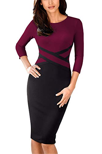 HOMEYEE Robe Crayon décontractée Vintage à Manches Longues pour Femmes B463 (EU 38 = Size M,Carmin)