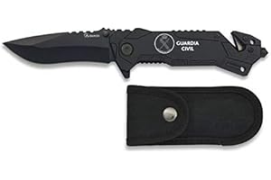 MARTINEZ ALBAINOX AB Navaja grabada GUARDIA CIVIL Negra Mango de Aluminio y Hoja de 8,1 cm cm para Camping, Caza, Pesca, Supervivencia y Bushcraft Albainox 19520GR257 + Portabotellas de regalo