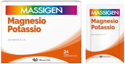 Massigen - Magnesio e Potassio, Gusto Arancia Rossa, Mantengono il Benessere del Sistema Nervoso, Integratore con Vitamine A, C, E, 24 Bustine da 6 g