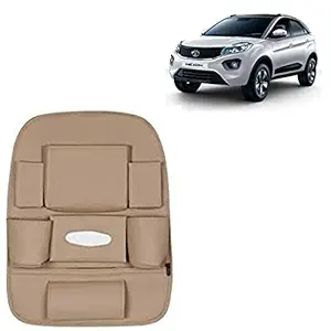 RD Universal PU Leather Car Auto Seat Back Organizer Multi Pocket Travel Storage Bag with Hangers, Tissue Paper and Bottle Holder-Beige Colour Compatible for Tata Nexon