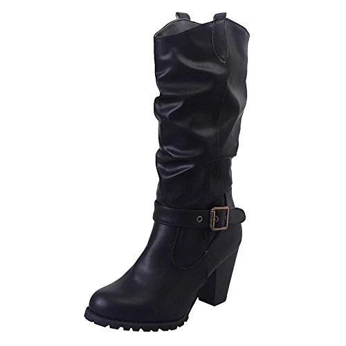 Preisvergleich Produktbild Blockabsatz Winterstiefel Damen,Elecenty Frauen Gürtelschnalle Stiefel Lederstiefel Stiefeletten Boots High Heels Winterboots Westernstiefel Schuhe Freizeitschuhe