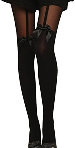 BA Zha Women Vintage Tights Bow Pantyhose Tattoo Mock Bow Suspender Sheer Stockings Sexy Thermal Sleepwear Charming Nightwear Gift for Lovers Partywear Clothing Teddy Clubwear (Free Size, Black)