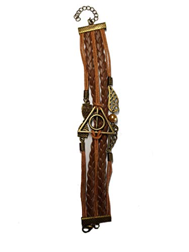 Kreafix Women's Vintage Retro Thematic Bracelet - Dominant Colour: Brown - Adjustable Fastener - Geometric Symbol - Owl Wings - 5 Brown Leather Wrist Towers - Maximum Size 23 cm