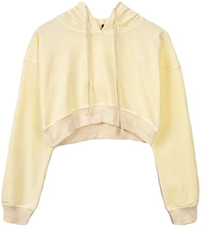 YYear Womens Long Sleeve Drawstring Crop Top Pullover Hoodies Sweatshirt Beige US XS