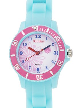 Kinder Armband Uhr fr Mdchen mit BLUME ROSA TRKIS, Silikonarmband, wasserdicht (5 ATM), hohe Qualitt Quarz Mechanismus Seiko, Batterie Sony, in Geschenk-Box, Kiddus KI10112