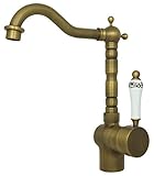 Hoher Einhebelmischer aus Alt Messing im Landhaus Design Antik Braun mit weißem Porzellan Griff