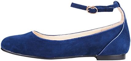 queenfoot Women's Round Toe Ankle Buckle Strap Genuine Leather Comfort Dress Flat Pump Shoes for Events Navy Suede Leather 4 UK