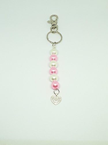 Ladies Pink &amp; White Pearl Beads With Pattern Heart Handbag Charm &amp; Keyring