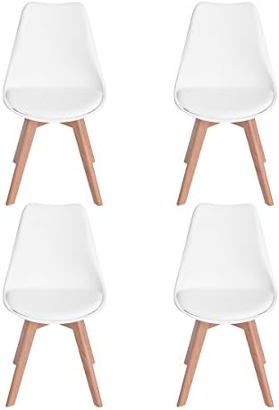 Ajie Set of 4 Tulip Dining Chair Solid Wood Oak Legs with Cushioned Pad Contemporary Designer for Office Lounge Dining Kitchen - White