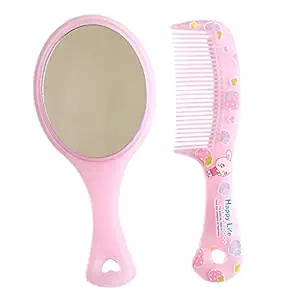 Maahal? Hand Mirror with Comb Set for Women and Girls Gift for Girls, Pack of 1 (Pink)