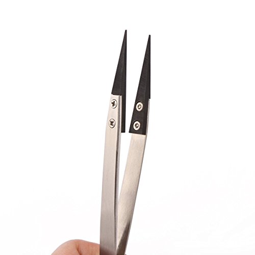 Aussel Zirconia Ceramic High Precision Tips Tweezers Ceramic Tweezers with Anti-skid Stripes No Magnetic and Static Electricity (Silver Handle Black Pointed) - 3