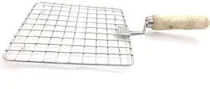 Kuber Industries Kitchenware Stainless Steel Square Roaster Tandoor Barbeque/Roti/Papad Jali Griller with Wooden Handle (Silver)