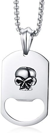 Vnox Men's Stainless Steel Name Personalised Bottle Opener Skull Dog Tag Pendant Necklace Gothic,No Engraving